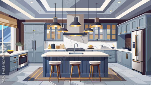 Vector art of a modern and spacious kitchen interior with a large island, sleek cabinets, and pendant lighting, perfect for cooking and entertaining guests