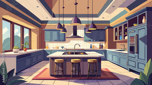 Vector art of a modern and stylish kitchen interior with a large island, blue cabinets, and pendant lighting, bathed in warm sunlight