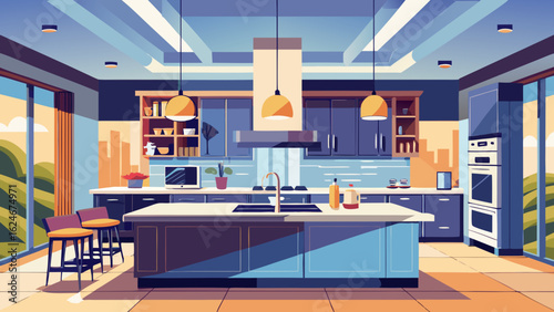 Vector art of a sophisticated kitchen design with a central island, blue cabinetry, and warm pendant lighting, offering a blend of style and functionality