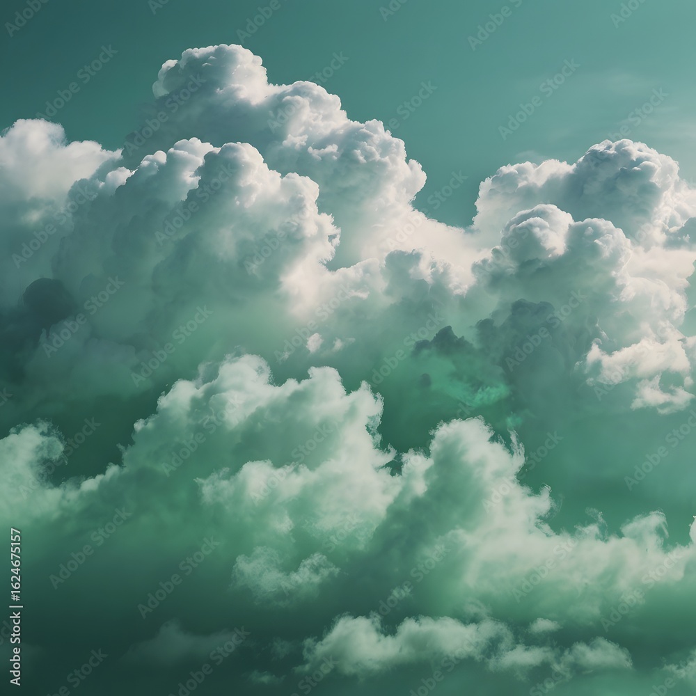 Fototapeta premium Green and White Cloud Formations in Bright Sky with Soft Lighting