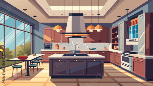 Vector art of a modern and spacious kitchen interior with a large island, sleek cabinetry, and ample natural light streaming through expansive windows, creating an inviting and luxurious atmosphere