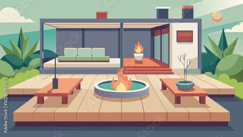 Vector art of modern outdoor living space with a fire pit, contemporary house, wooden deck, and comfortable furniture, creating a warm and inviting ambiance