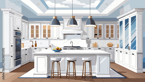 Vector art of elegant white kitchen interior design with island, cabinetry, appliances, and pendant lighting, sophisticated and modern home