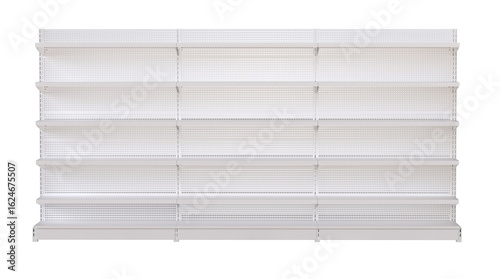 Foto Empty white retail display shelves supermarket gondola mockup