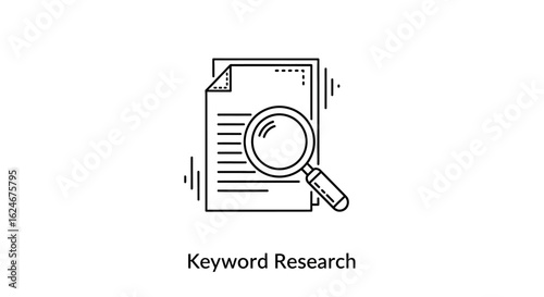 Line art illustration of a document with a magnifying glass for research.