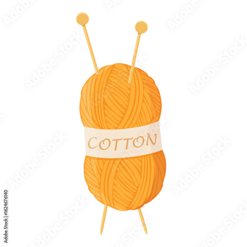 Orange cotton yarn ball, skein with needles for knitting