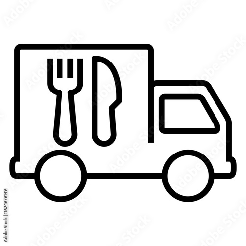 Logo Food truck. Comida rápida. Icono con vehículo con tenedor y cuchillo con líneas 