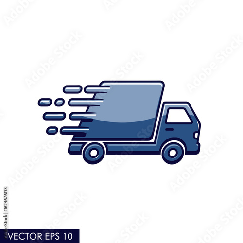 Fast Delivery Truck Icon: Blue Glossy Design, Speed Motion Blur