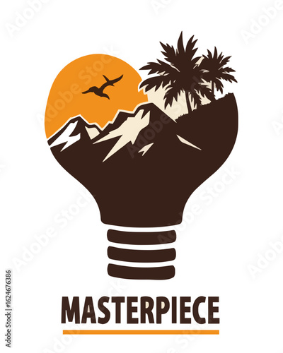 Lightbulb landscape with mountains, palm trees, and sunset