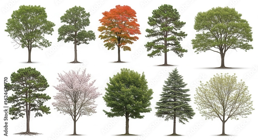 Obraz premium Collection of Diverse Deciduous Trees with Varied Foliage in Spring and Autumn