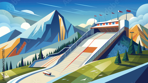 Modern city panorama featuring an abstract urban landscape with a dynamic road, soaring architecture, and bustling transport across a bridge under a vast sky