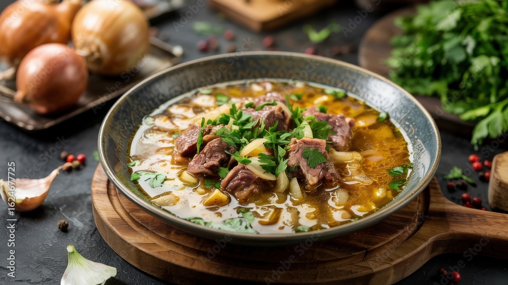 National dishes of Azerbaijani cuisine.
Lamb and onion bozartma soup (Azerbaijan). National dishes of Azerbaijani cuisine.
Lamb and onion bozartma soup (Azerbaijan).