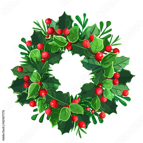 An illustration flat 2D icon Christmas wreath isometric view illustration, vector clipart isolated on a transparent background — clean animation-style design, created by me, Cute design, holly berry