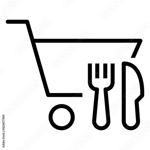 Comida para llevar. Logo carreta con cubiertos. Icono carrito de la compra con cuchillo y tenedor con líneas