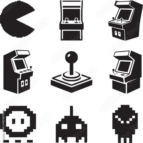 Vector art of set of retro arcade game machine icons and pixelated characters isolated on white background