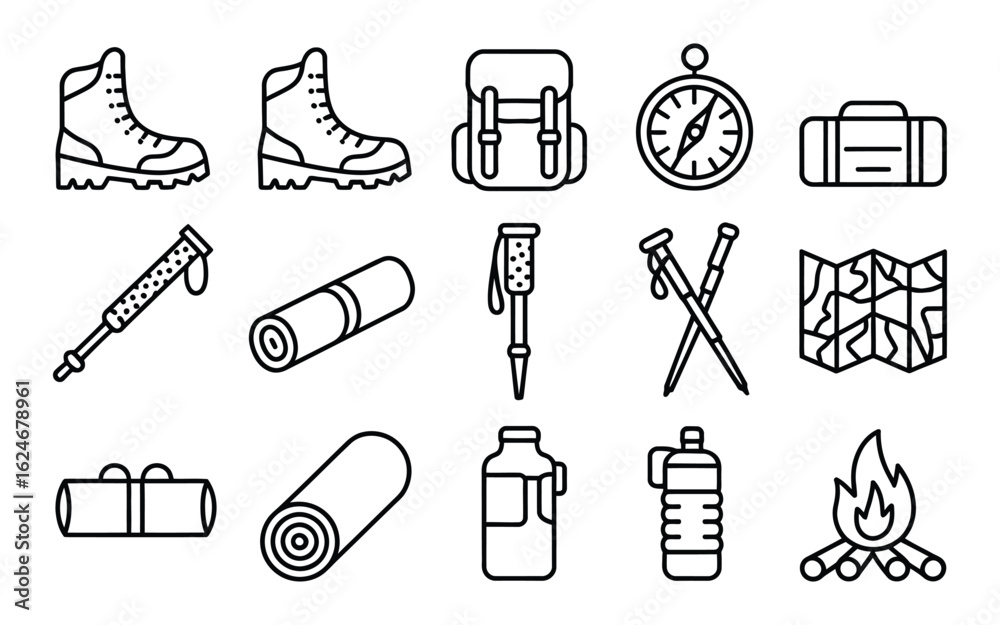 Obraz premium Outdoor & Camping Line Icons Vector Set: Hiking, Adventure & Survival Equipment Outline Collection for Nature Enthusiasts