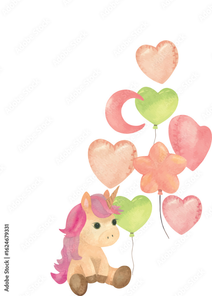 Obraz premium Adorable unicorn toy with a bunch of cheerful balloons. Ideal for birthday cards, baby shower invitations, and children’s room art.