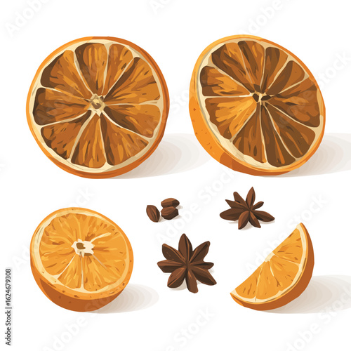 An illustration flat 2D icon dried orange slice and cloves_ illustration, vector clipart isolated on a transparent background — clean animation-style design, created by me, EPS format, cute icon