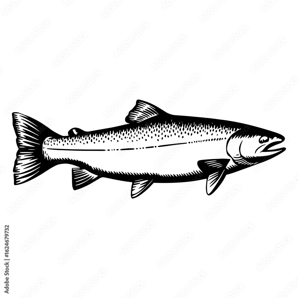 Fototapeta premium Salmon fish vector sketch engraving outline isolated on white Scratch board imitation