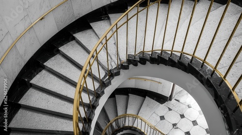 art deco staircase, sweeping lines, brass railing, marble steps, black and white contrast 