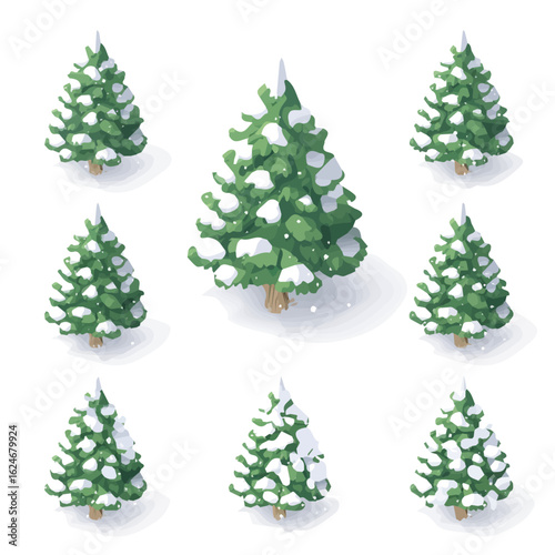 A flat 2D isometric vector illustration of an evergreen tree with snowflakes set collection, clean minimal design, transparent background — animated-style look, designed by me. eps format design