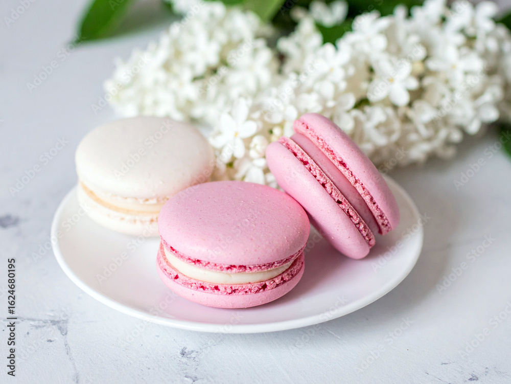 Fototapeta premium A plate with three macarons of different pink and white colors. Behind the plate is a cluster of white lilac flowers.