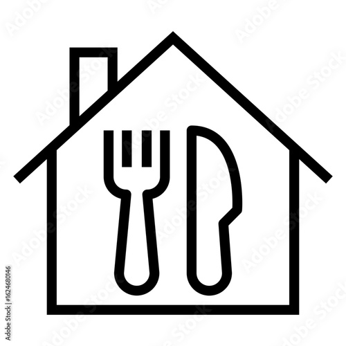 Logo comida para llevar. Icono con casa con tenedor y cuchillo con líneas