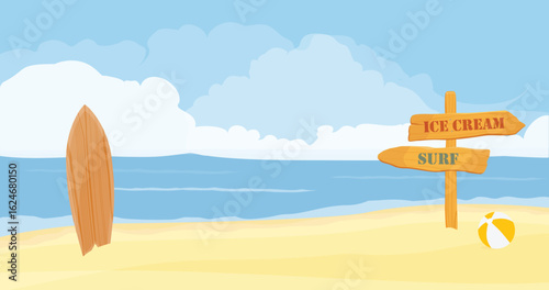 Tropical landscape of summer scenery, sea, ocean, blue sky, beach with white sand, and wooden signpost with signs ice cream and surf, surfboard and beach ball