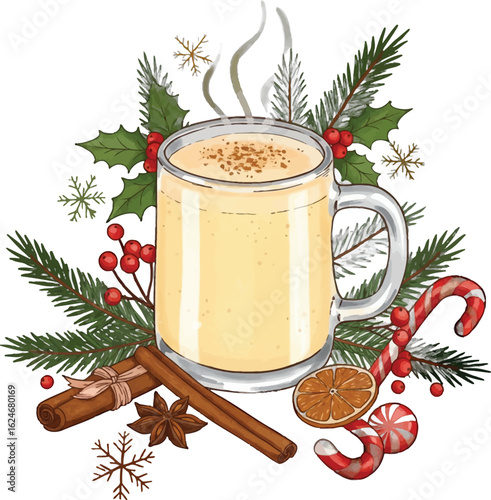 Festive Christmas Eggnog Illustration with Cinnamon Sticks, Candy Canes, and Evergreen Branches for Holiday Cheer