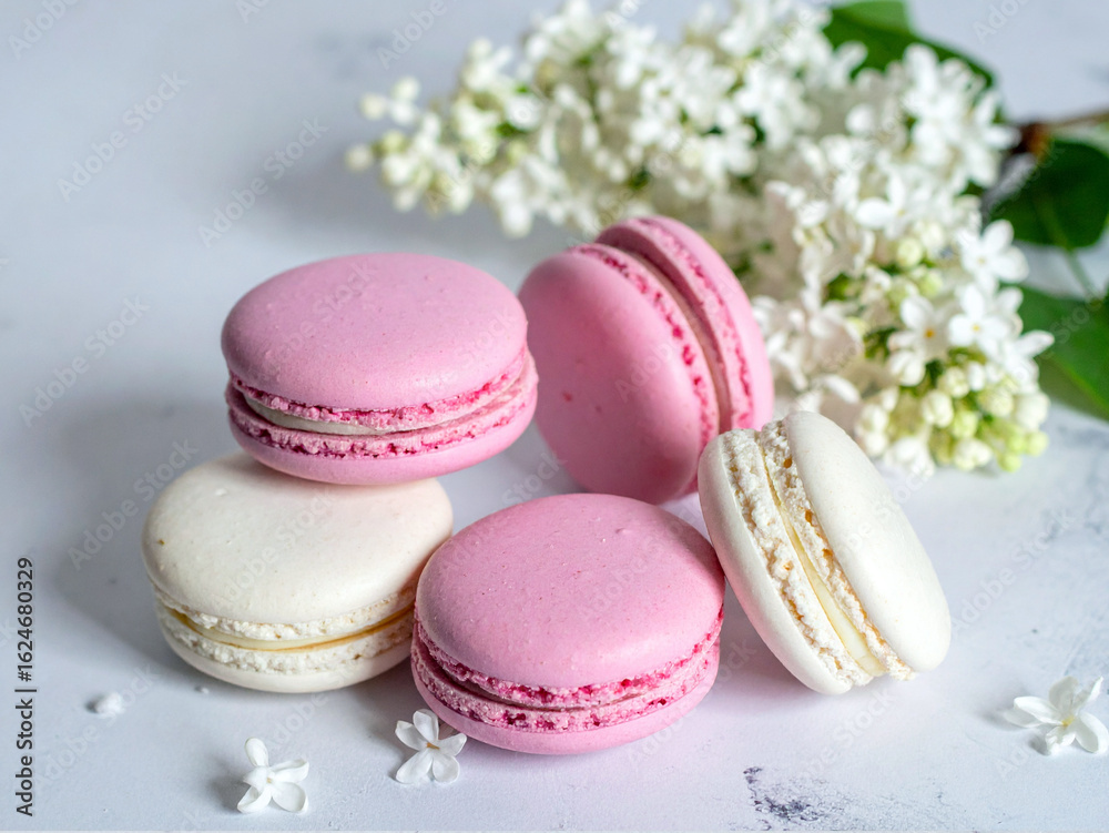 Fototapeta premium A close-up of colorful macarons, some pink and some white, arranged near a sprig of white lilac flowers. 