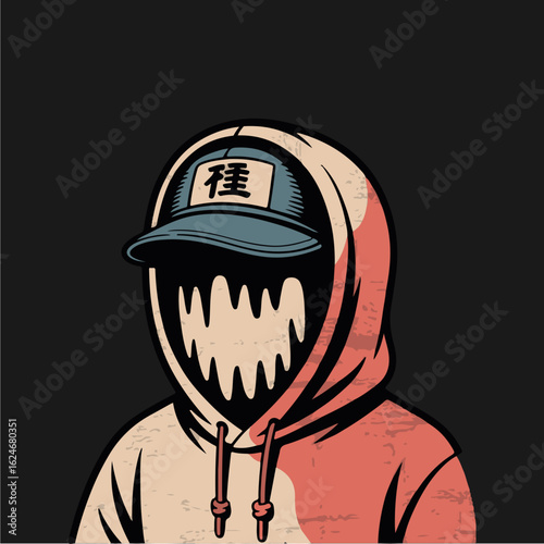 A faceless figure in a hoodie and baseball cap, stylized illustration.