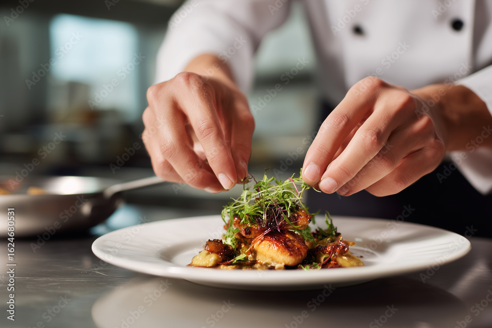 Chef Garnishing a Gourmet Dish with Fresh Microgreens in a Professional Kitchen Setting Chef Garnishing a Gourmet Dish with Fresh Microgreens in a Professional Kitchen Setting