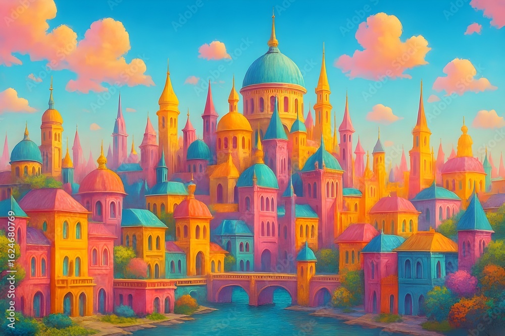 Obraz premium Dreamlike Fantasy City with Vibrant Architecture and River Views