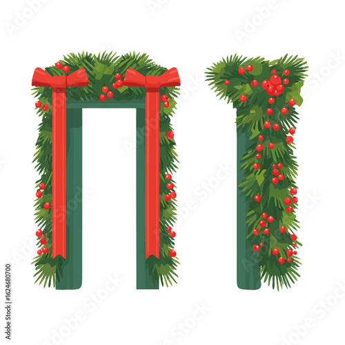 A clean, simple 2D flat illustration featuring a festive door swag with pine and holly berry set in vector format — transparent background, animation-style clipart, illustrated by me. eps vector set