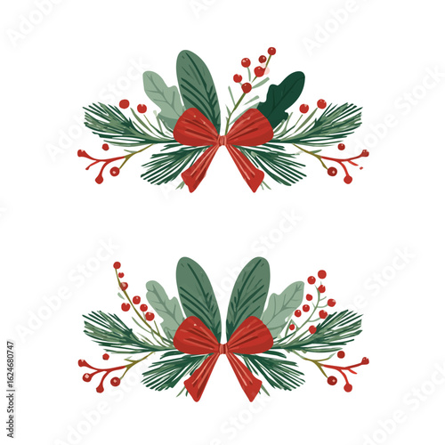 A flat 2D door swag with pine and holly berry leaf set collection illustration — vector design with transparent background, perfect for animation and digital use. Created by me. EPS vector