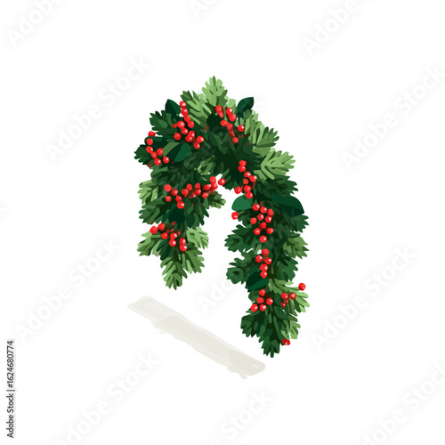 A clean, simple 2D flat illustration featuring a festive door swag with pine and holly berry set in vector format — transparent background, animation-style clipart, illustrated by me.