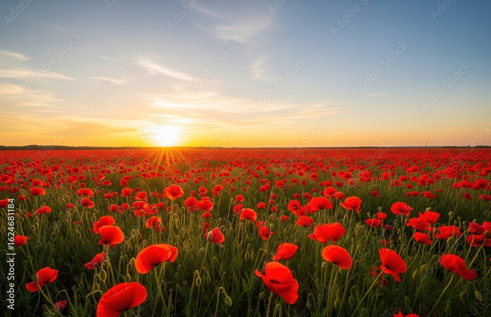 Fototapeta premium Sunset casts golden glow over poppy field filled with red blossoms creating peaceful spring meadow landscape ideal for floral backgrounds and seasonal designs