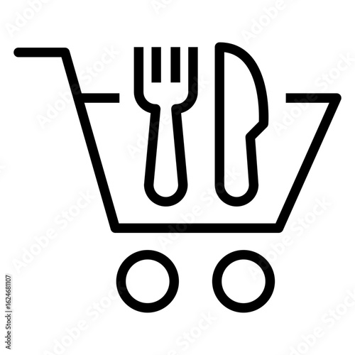 Comida para llevar. Logo carreta con cubiertos. Icono carrito de la compra con cuchillo y tenedor con líneas 