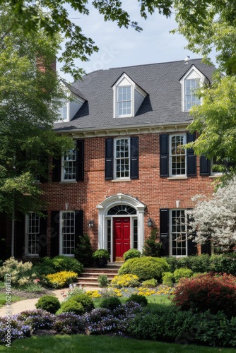 Wallpaper Mural Beautiful brick house with well-maintained garden during daytime in suburban neighborhood showcases classic architecture and vibrant landscaping Torontodigital.ca