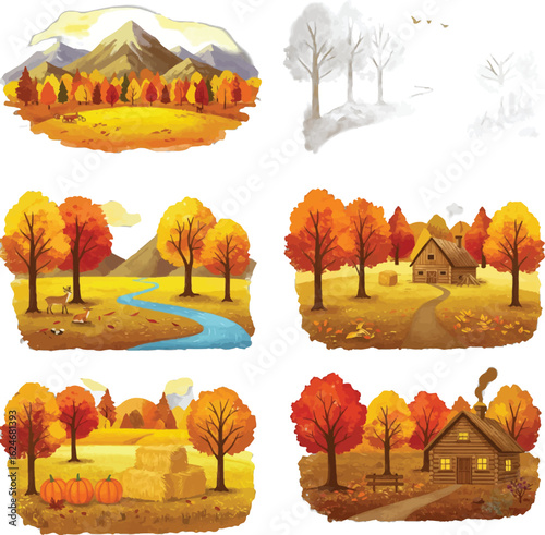 Watercolor Autumn Landscapes Collection Scenery with Trees, Cabins, Pumpkins, Mountains, and Rivers for Fall Season