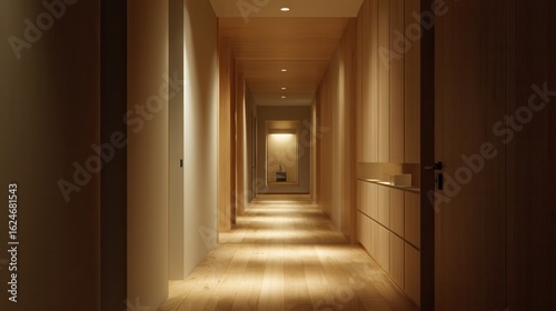 japanese minimalist hallway, clean walls, built-in storage, natural floor, indirect lighting, soft quiet tones 