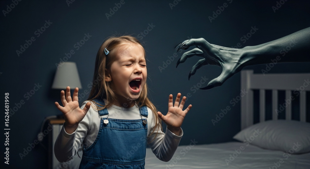 Fototapeta premium Little girl screaming in fear from a monster's hand in her bedroom. Child nightmare and horror on Halloween night, fear concept.