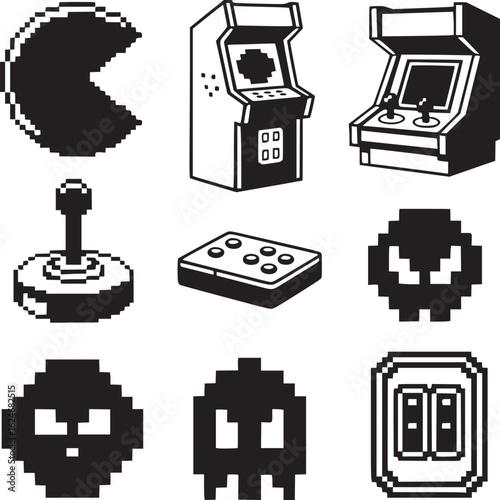 Retro arcade icons, pixel art game characters, classic video games, 8-bit graphics