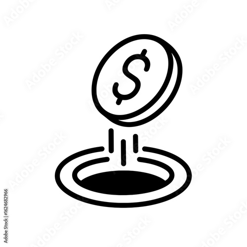 Coin falling into drain symbolizing wasted money and financial loss (Outline icon)