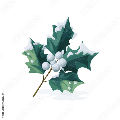 A flat 2D isometric vector illustration of holly leaves and white berries, clean minimal design, transparent background — animated-style look, designed by me. holly berry icon. eps