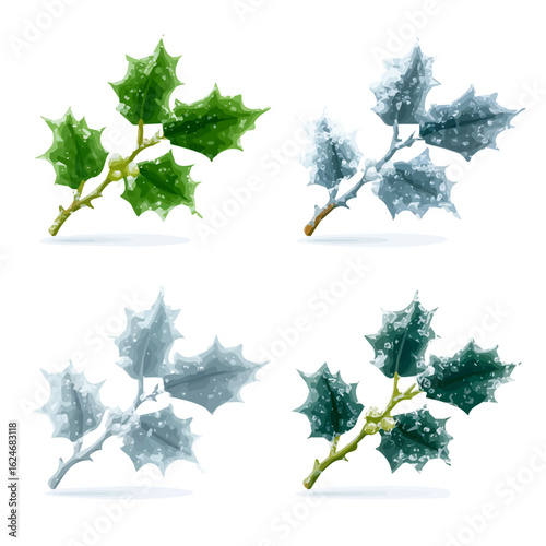 Mine Simple flat 2D icon of a holly branch with frost set isolated on a transparent background, vector, flat design, animation design, simple flat 2D icon, minimalist design, clipart, illustration