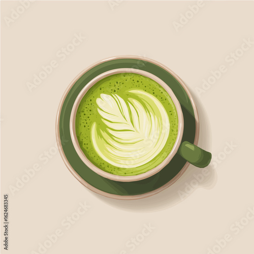 Mine Simple flat 2D icon hot matcha latte in ceramic  top view isolated on transparent background, vector, flat design, animation design, simple flat 2D icon, minimalist design, clipart
