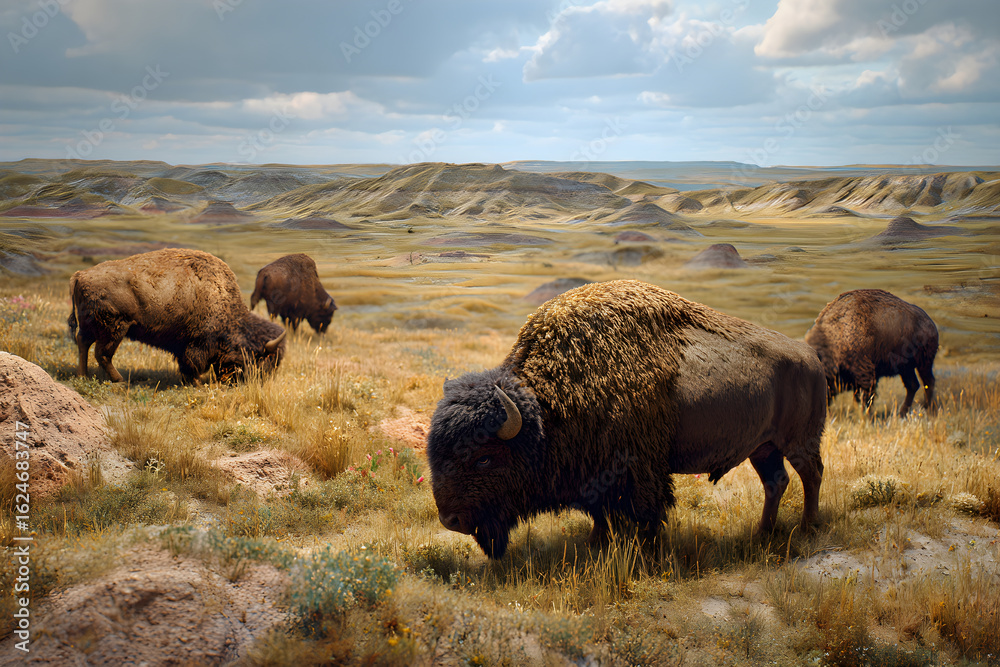 Majestic Bison Herd Roaming Free in Expansive Prairie Landscape: Embracing Nature’s Beauty and Preserving Wildlife’s Heritage in a Tranquil Environment Majestic Bison Herd Roaming Free in Expansive Prairie Landscape: Embracing Nature’s Beauty and Preserving Wildlife’s Heritage in a Tranquil Environment