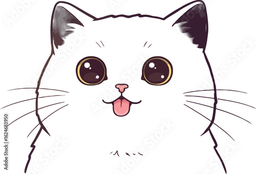 Adorable white fluffy cat with big eyes and tongue sticking out in a cute cartoon vector illustration for animal lovers