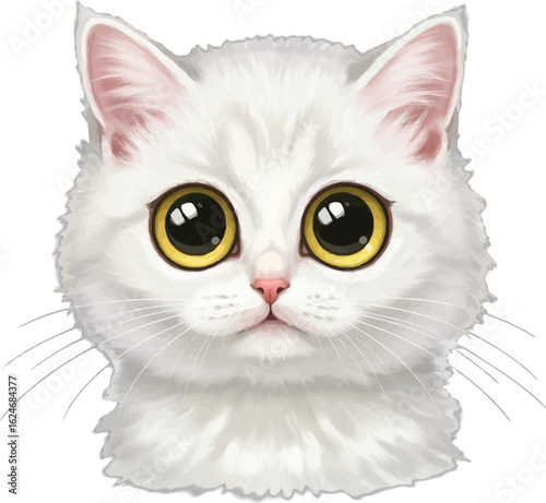 Adorable white kitten with big golden eyes gazes forward, showcasing its fluffy fur and endearing expression, a charming pet portrait